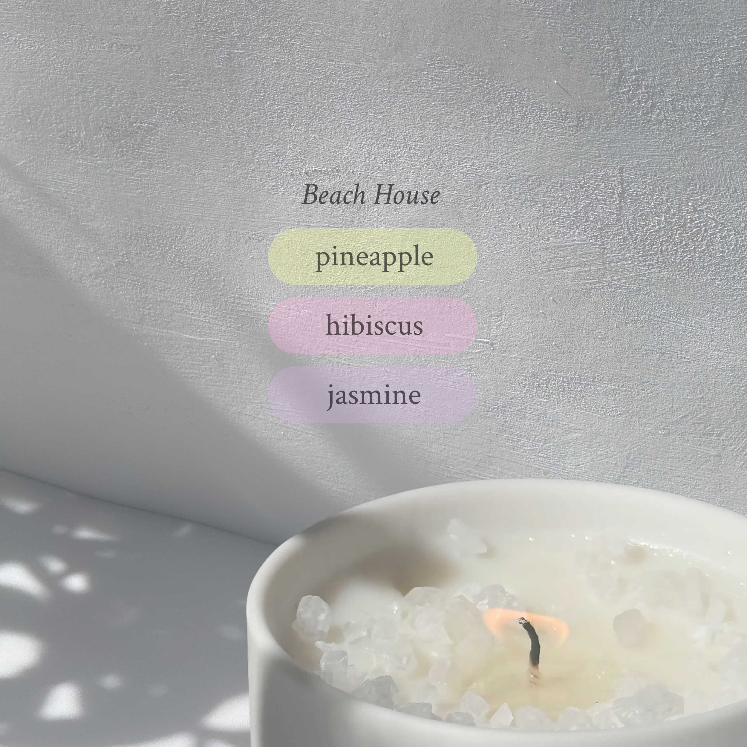 Large stoneware candle, lit, it’s top covered in rock salt. The title reads “Beach House”, and underneath is the scent profile: pineapple, hibiscus, jasmine.