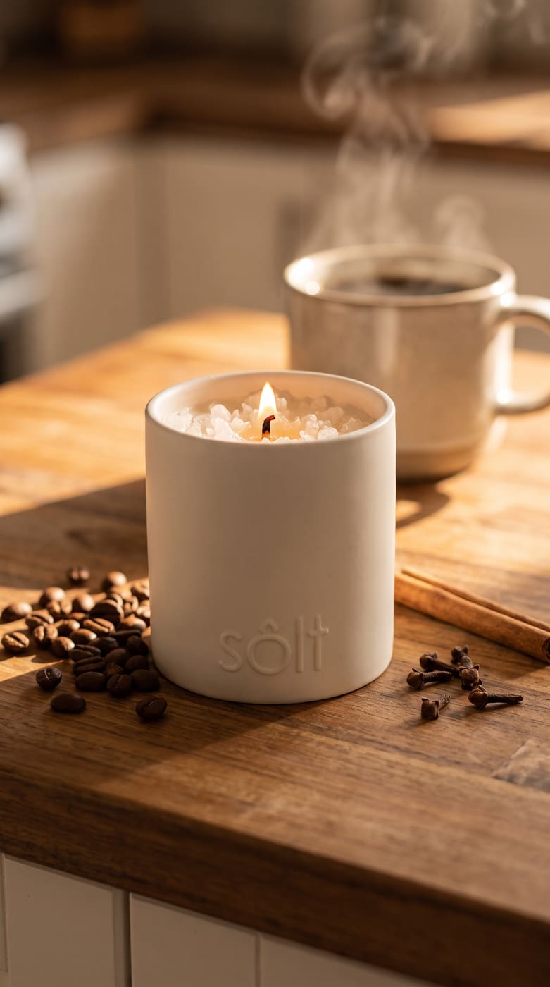 Mexican Spiced Coffee candle beside a steaming mug