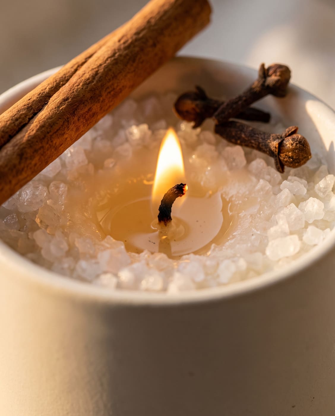 Close-up of Spiced Chai candle, cinnamon and clove on sea salt crystals